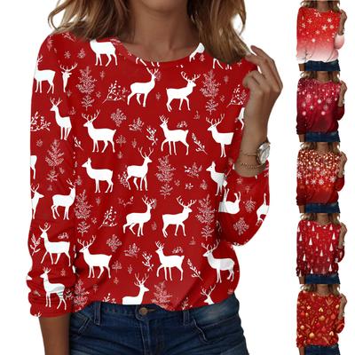 Женская мода повседневный рождественский принт круглый вырез длинный рукав пуловер топ