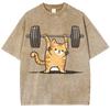Cute Style Orange Cat Weightlifting Print Women Wash T-Shirt Washed Cotton High Quality Short Sleeve Soft Cute Top