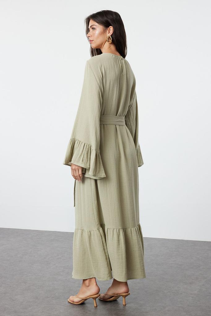 Women's Style Hijab Dress Mint Skirt Ruffled Seersucker Dress