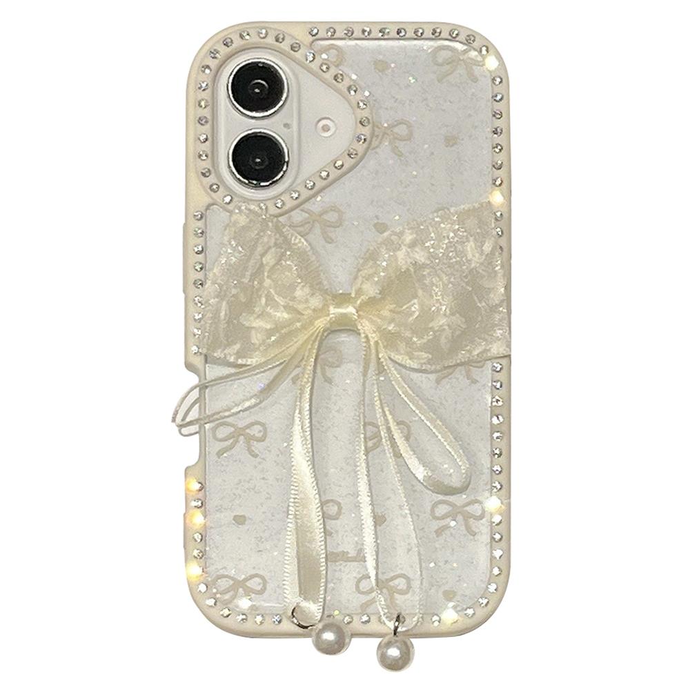 For iPhone 16 Plus Case Two Bow Epoxy Design TPU+PC Phone Back Cover Rhinestone Decor