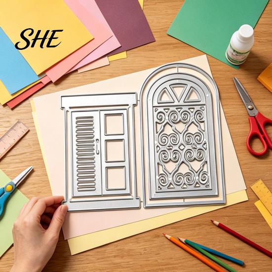 Collage Cutter Mold Mold, Door And Window Shape Cutting Dies, Carbon Steel Fairy Tale Cabin Frame Template, for DIY Handmade Cards Paper Art