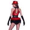 Women Sleeveless Jazz Dance Leotard Glitter Sequin Bodice Feather Trim with Satin Gloves and Hat for Stage Competition Dancewear