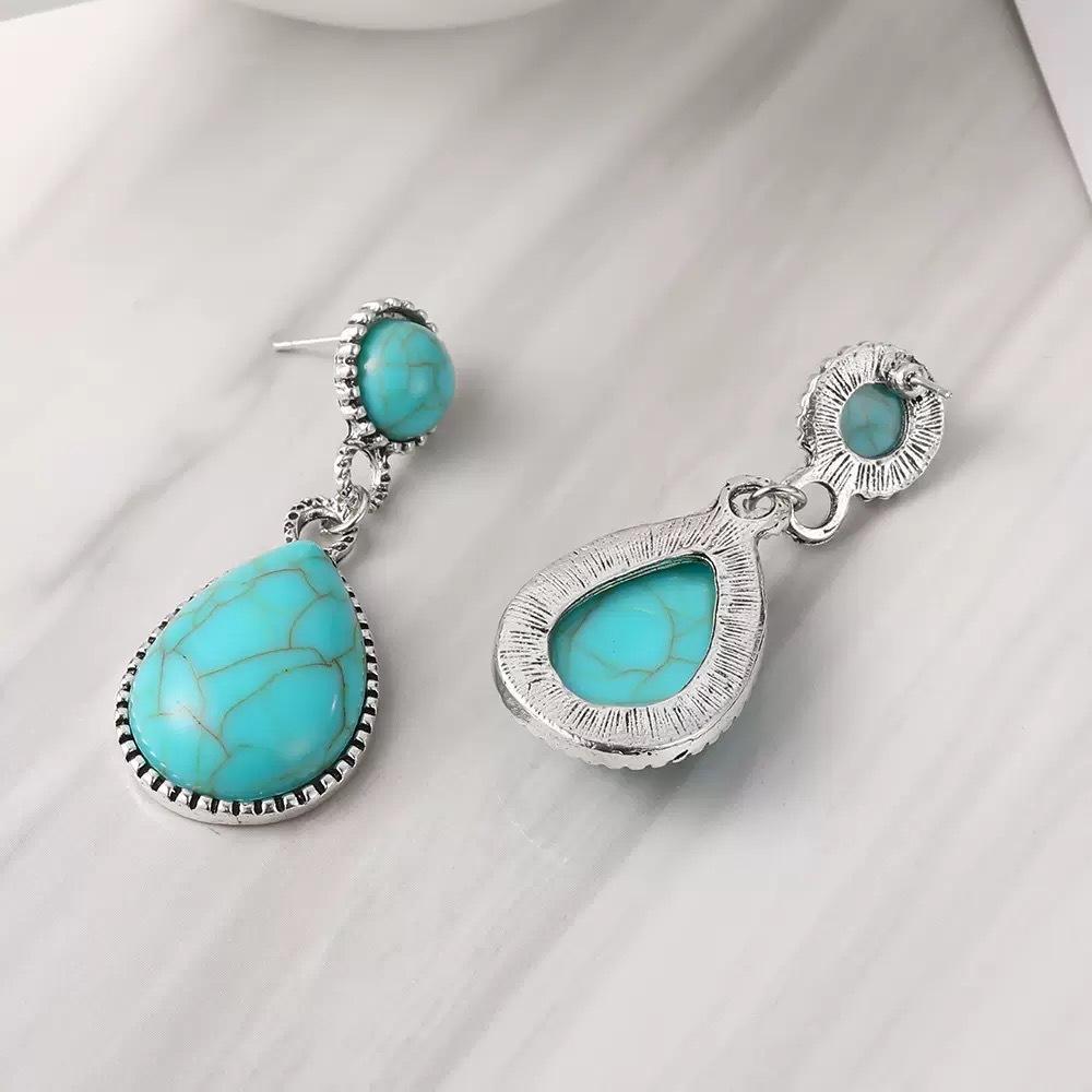 Ethnic Style Ancient Silver Turquoise Earrings, Creative Drop-shaped Turquoise Exaggerated Earrings