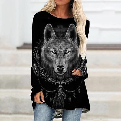 Женская футболка с длинными рукавами и изображением волка для женщин и девочек, осенне-зимняя одежда, футболка оверсайз с 3D принтом, футболки с круглым вырезом