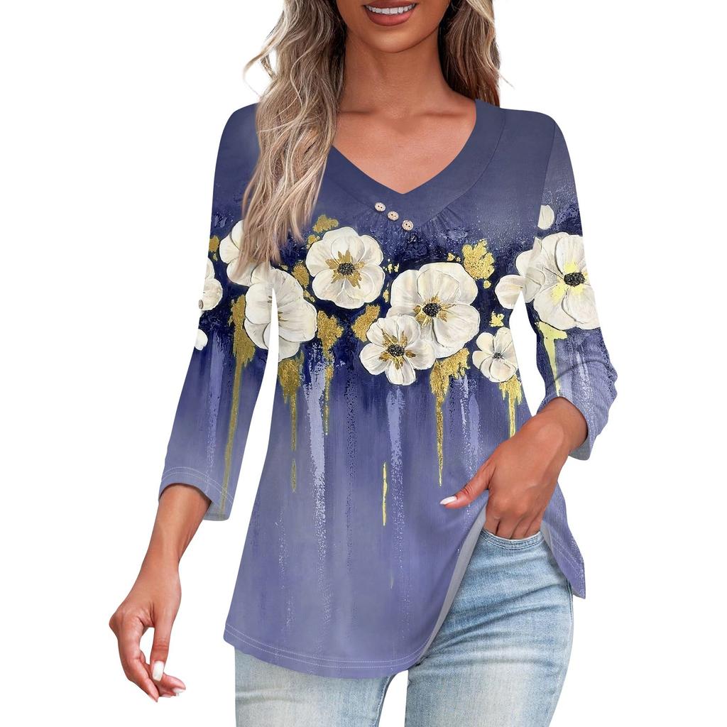 Рубашки для женщин, модные футболки на пуговицах с v-образным вырезом, повседневные летние футболки с принтом, футболка, блузка, топы с рукавами три четверти для женщин