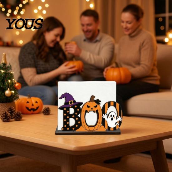 Cartoon Style Table Centerpiece Halloween Wooden BOO Napkin Holder, Ghost Pumpkin Witch Hat Paper Towel Desktop Holiday Decoration Wood for Home Party