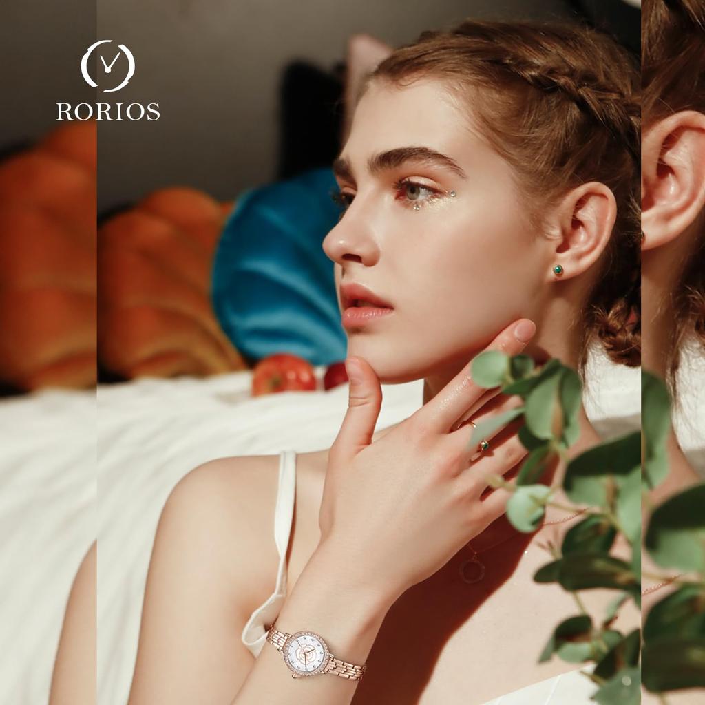 RORIOS Women's Watch Flower & Mother of Pearl Dial Rhinestone Bracelet Style Water Resistant Casual Analog Japanese Quartz Commute watch white