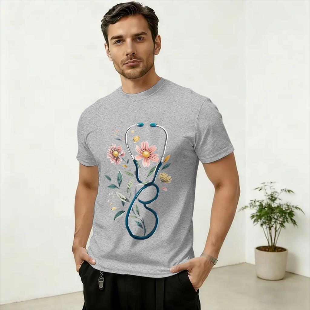 Nurse Life Unisex T Shirts Boho Floral Stethoscope Graphic Funny Tees Short Sleeve Round Collar TShirts Cotton Graphic Tops