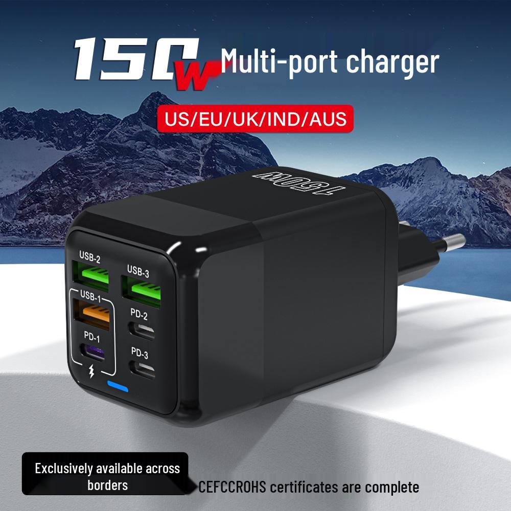 Многопортовое зарядное устройство мощностью 150 Вт: 3 USB + 3 PD Быстрая зарядка, Стандарт Евро и Великобритании
