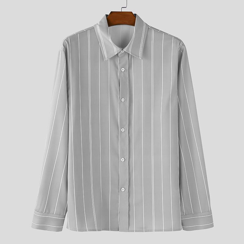 INCERUN Oversized Men Turn-down Collar Long Sleeve Striped Casual Loose Shirts