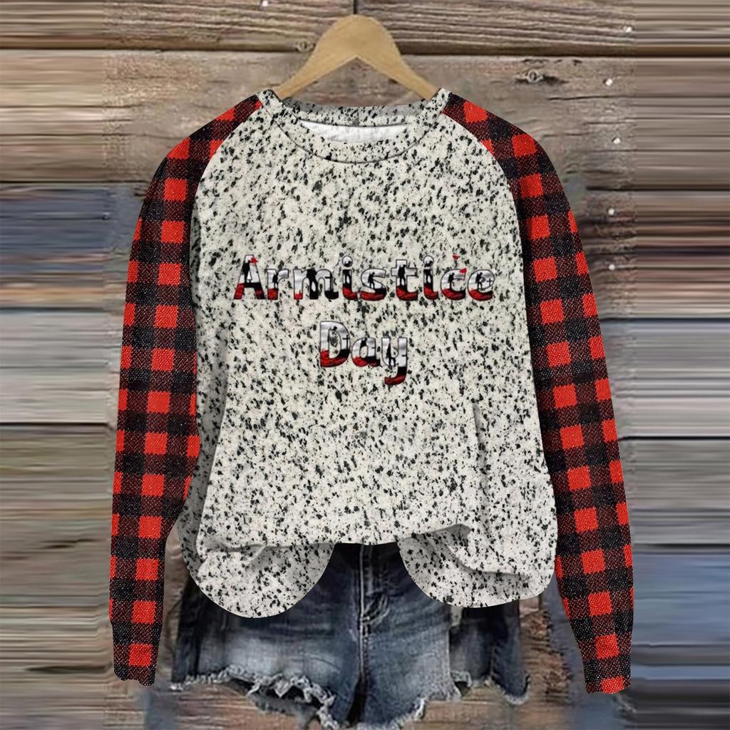 Women's Fashion Round Neck Pullover Plunging Sleeve Tee Christmas Printed Top