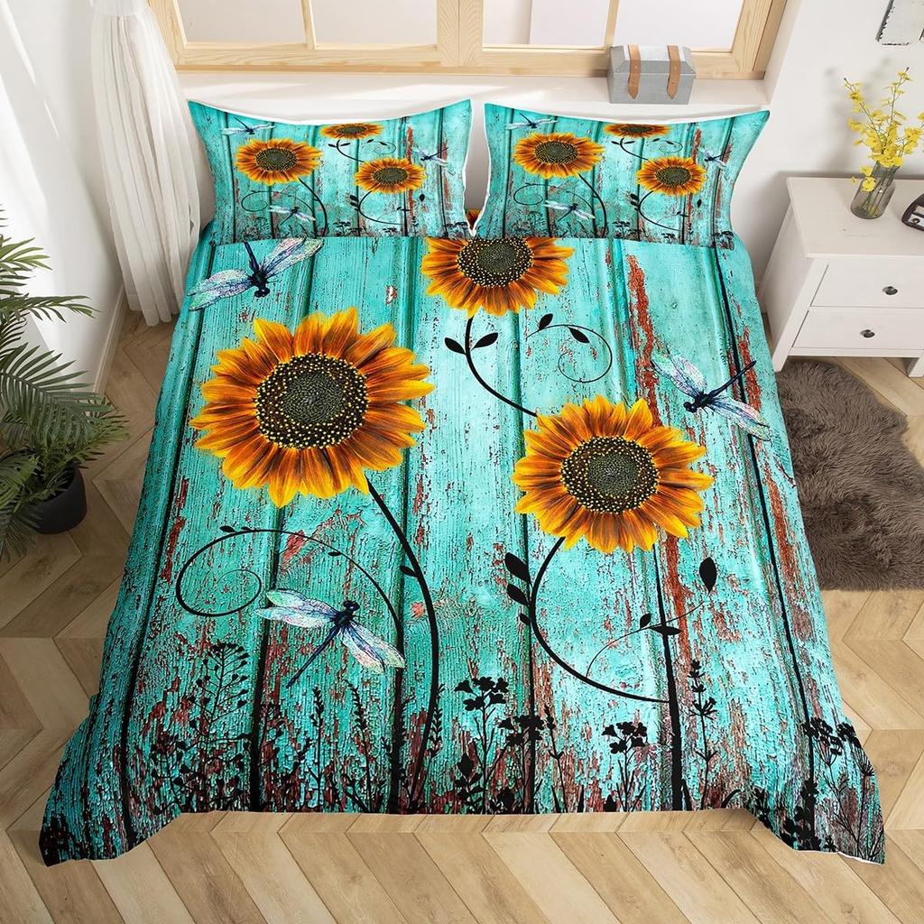 Rustic Farmhouse Bedding Sets Queen Country Butterfly Sunflower Duvet Cover Retro Barn Door Comforter Cover Cabin Lodge Bed Set