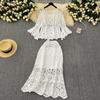 New 2025  Skirt Suit Women Knitting Beach Short Sleeve Lace Hollow Out Sexy O-Neck Hollow Summer Style Tops Tees Loose Basic