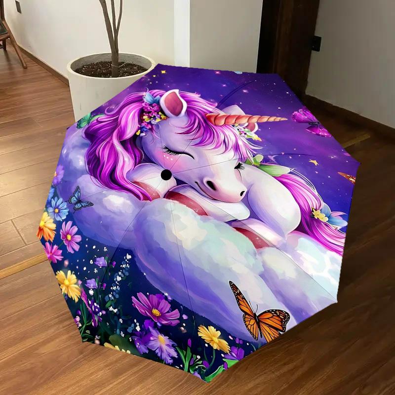1PC Unicorn Flowers Umbrella-8-Rib Reinforced Portable Folding Travel Suitable for All Seasons Outdoor Daily Use -J0405