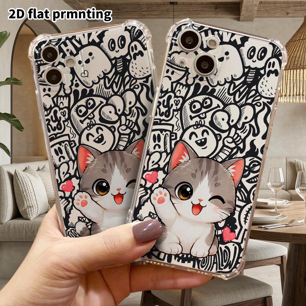 Phone Case: 2D flat suitable for iPhone 18 17 16 15 14 13 Pro, transparent four corner protective case, gray tabby kitten, Christmas and Halloween gif