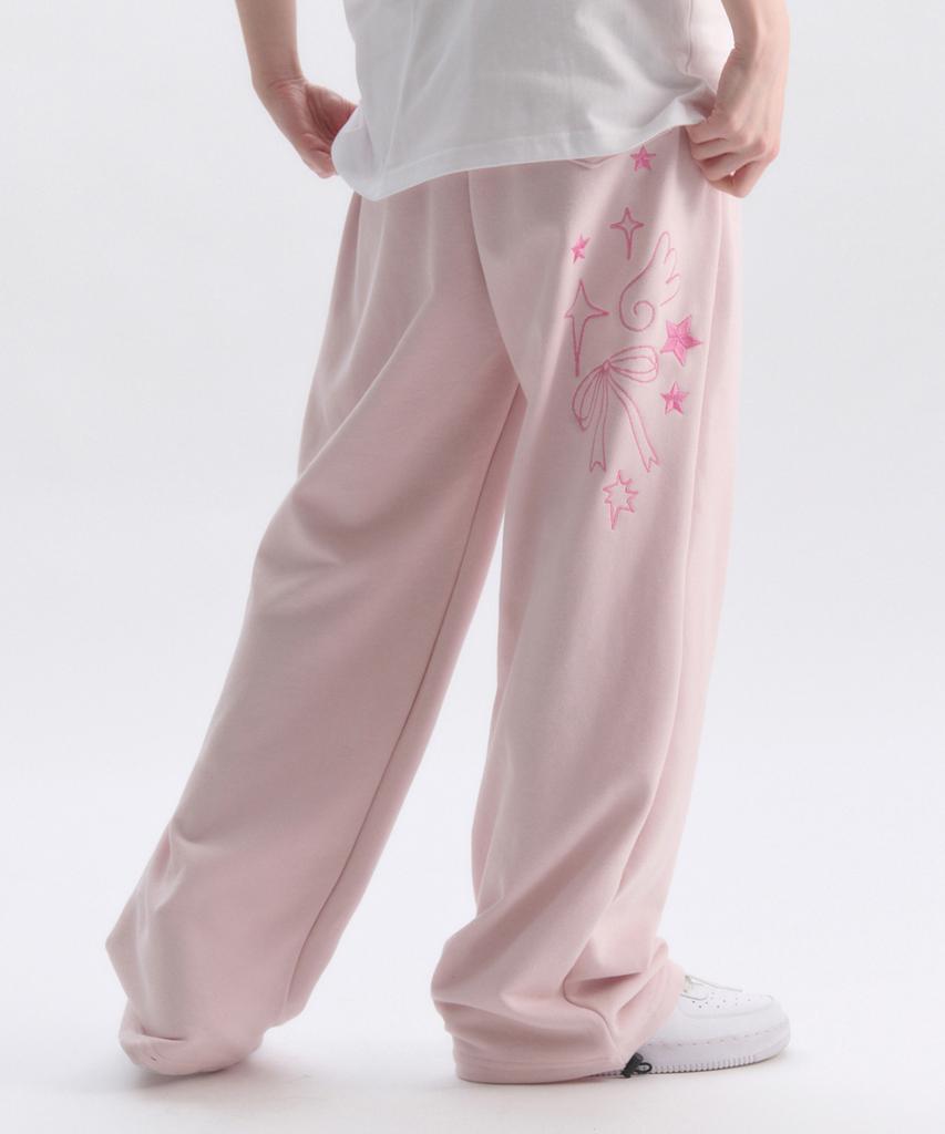 AMBLER Angel And Ribbon Embroidered Pintuck 2-Way Wide Training Sweatpants Ap1002 (Pink)