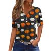 Women V Neck Short Sleeve T Shirt with Decorative Buttons Halloween Pumpkin Printed Casual Loose Fit Top for Daily Wear