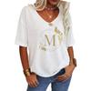 Women Fashion V Neck Tee Shirt Summer Casual Short Sleeve Top Loose Letter Print T-shirt