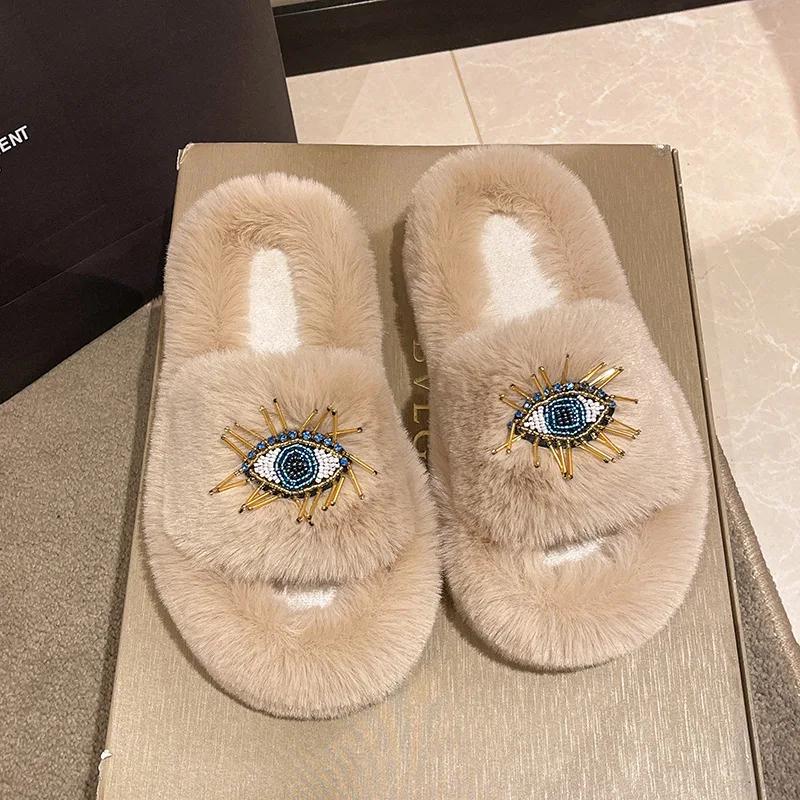 Fashion Ladies Winter Fashion Soft Warm New Comfort Flat Fur Slipper Outside Fluffy Slippers Indoor Plush Shoe Women's Luxury Slippers