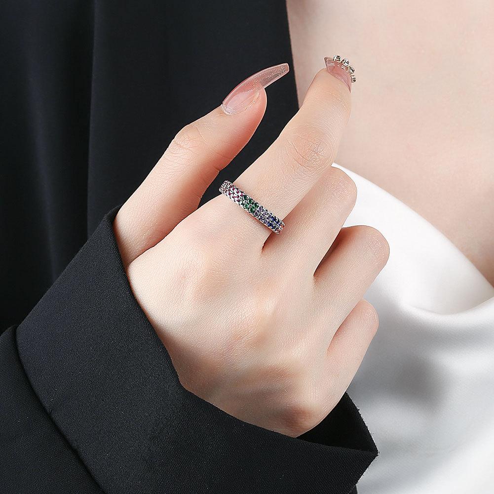 Vintage Colorful Double Row Zircon Open Ring Fashion Jewelry For Women Elegant Adjustable Band Accessory