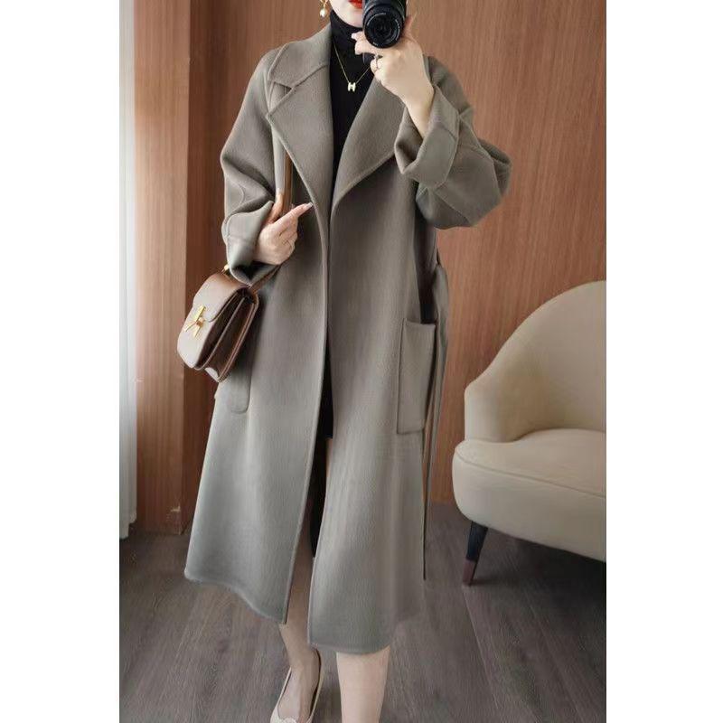 Женское кашемировое пальто средней длины в корейском стиле двустороннее - Высококачественная чистая шерсть, свободный крой для осени и зимы