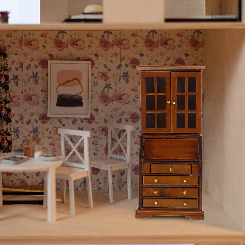 1/12 Miniature Bookshelf Wood Cabinet Dollhouse Furniture With Functional Storage Drawer For Small Books Scene Decors