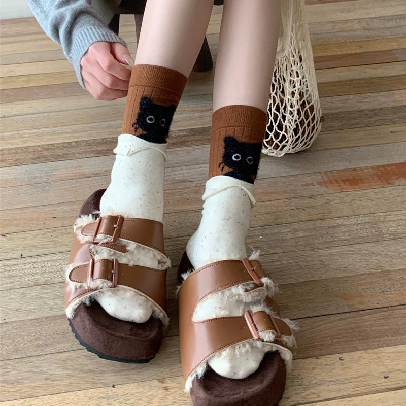 1 пара мультяшных милых носков до середины икры с котятами для женщин и девушек, хлопковые носки на осень-зиму