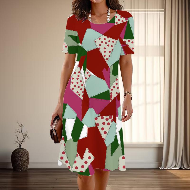 Женская мода изящные геометрические узоры принт лето весна короткий рукав О-образный вырез повседневные платья