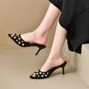 Summer New High-heeled Sandals Women's Temperament Round Head Shallow Rivet Thin Heel Versatile Outward Wear Flip-flops