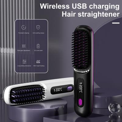 Беспроводной выпрямитель для волос с ЖК-дисплеем, 3 температурных режима, быстрый нагрев, USB-зарядка, портативная горячая щетка, электрическая пушистая вьющаяся расческа для укладки волос
