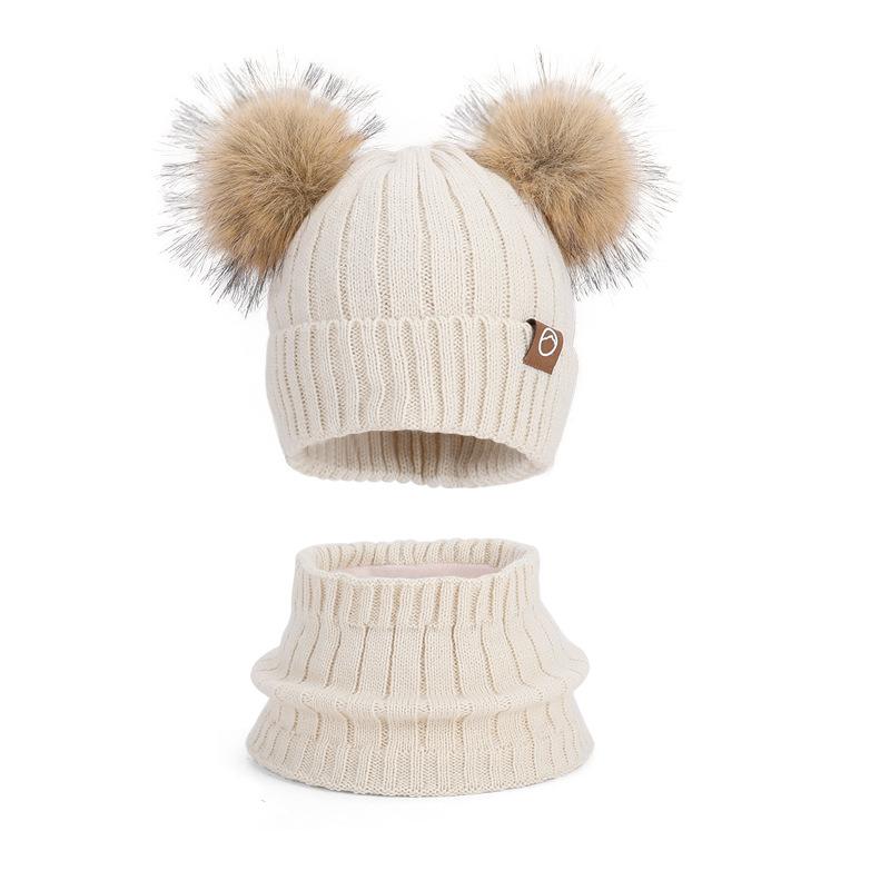 Children's Hats Outdoor Warm Three-piece Set Boys and Girls Fleece Ear Protector Pullover Hat Cute Hairball Knitted Wool Hat