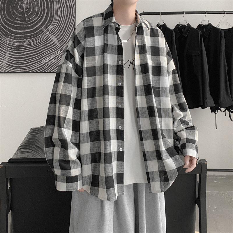 Осенняя клетчатая рубашка мужская с длинными рукавами в стиле Гонконга, классная повседневная рубашка