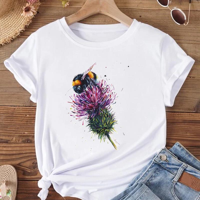 (Азиатский размер) Женская футболка с пчелиным цветком, милая трендовая милая одежда 90-х годов, модная футболка с принтом, женские футболки с коротким рукавом и графикой