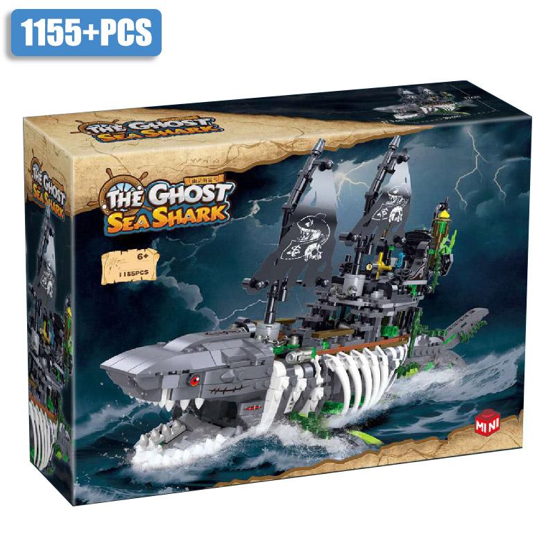Креативный MOC 1155 деталей Скелет акулы Пиратский корабль Модель Микро Строительные Блоки Набор Кирпичей Призрачный Пиратский Корабль Наборы Игрушки Для Детей Подарок