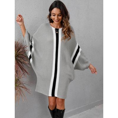 Осенне-зимнее женское трикотажное мешковатое платье-свитер в стиле пэчворк с рукавами «летучая мышь»