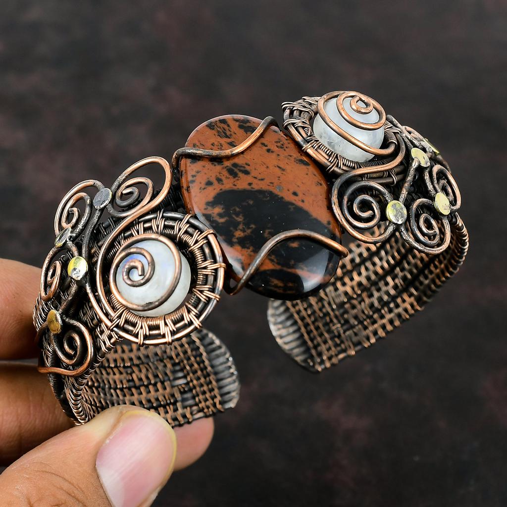 Браслет-манжета из красного дерева обсидиана, обернутый медной проволокой, браслет-манжета из радужного лунного камня, регулируемый браслет, украшения ручной работы, браслет из драгоценного камня, свадебный подарок