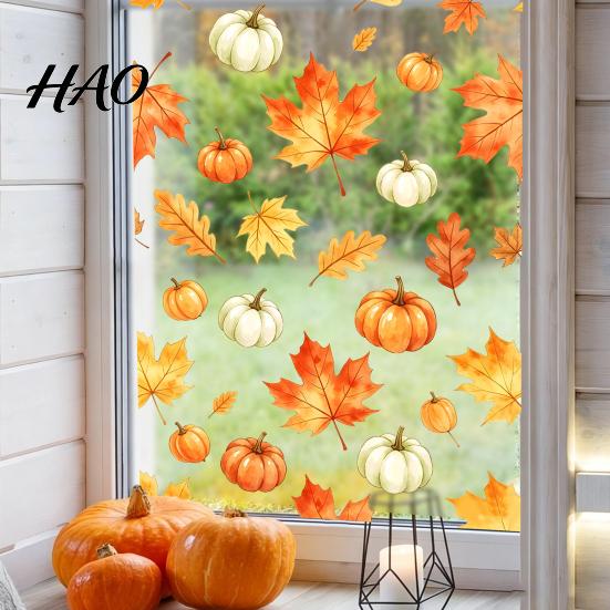 Harvest Theme Glass Decorations Watercolor Fall Static Window Clings, Maple Leaf & Pumpkin Removable Stickers, Autumn Creative Scene Stickers
