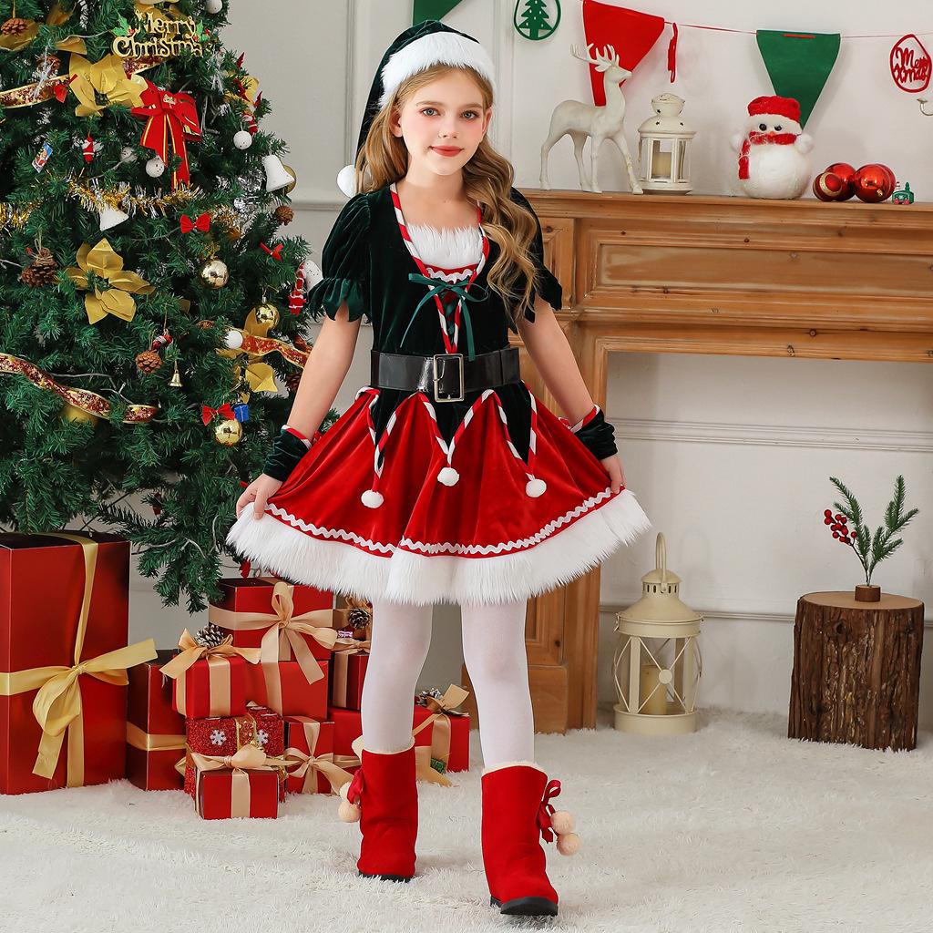Christmas costumes children cape shawl Santa Claus Christmas party Christmas tree girls dress dress dress