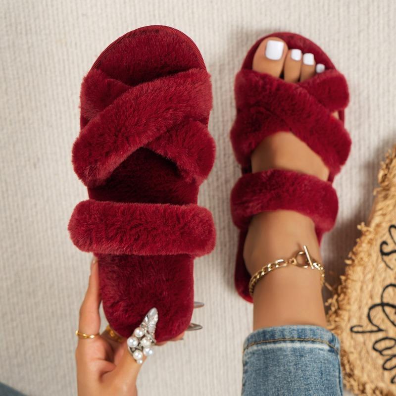 2024 Winter Fashion Open Toe Solid Color Hot Selling Home Comfortable Low Heel Suede High Quality Women's Flat Slippers