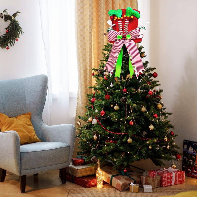 Collapsible Christmas Tree Topper Hat Witch Leg Bow Design Foldable Star Alternative Holiday Decor Xmas Party Festive Accent