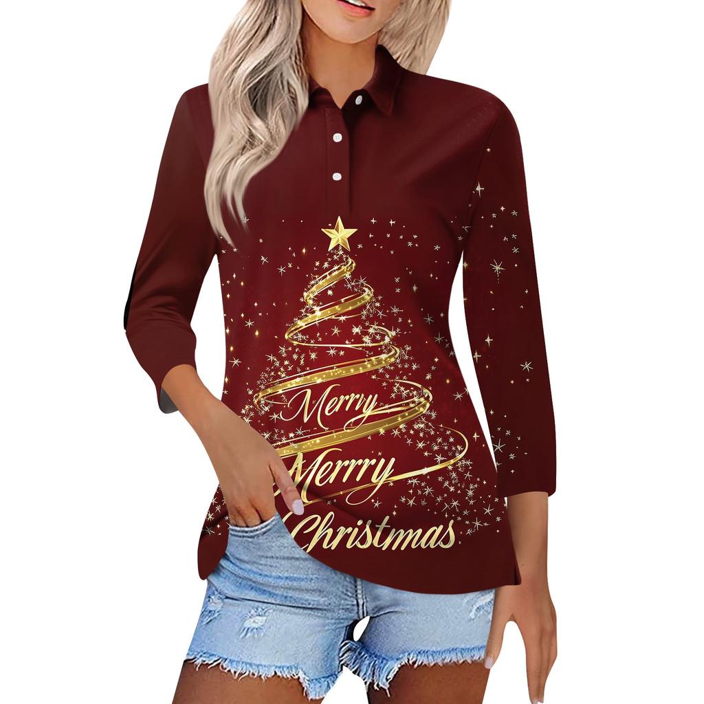 Women's Fashion Casual Lapel Short 3/4 Sleeve Christmas Print Shirt Women's Button Up Tops