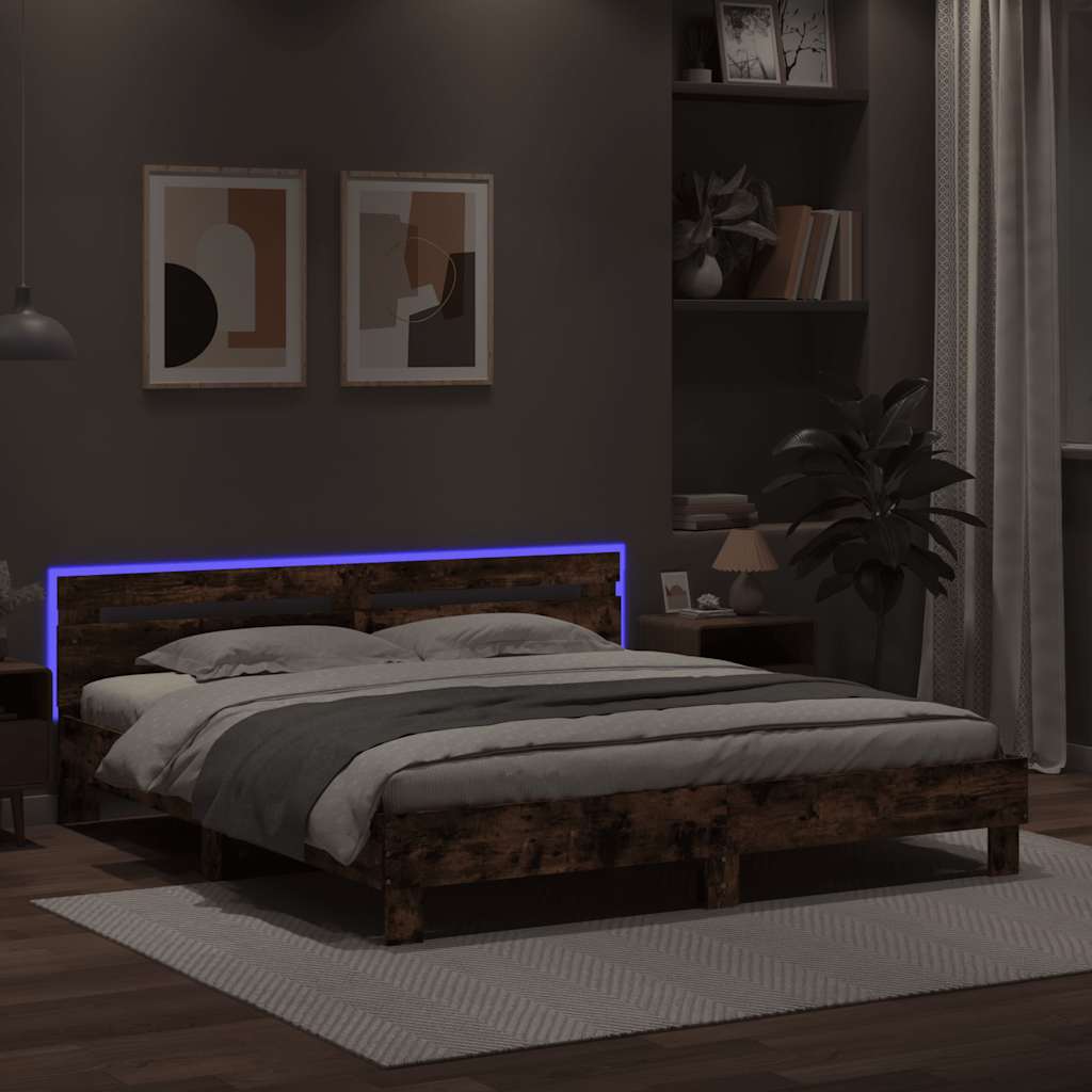 Bed Frame with Headboard and LED Lighting Smoked Oak