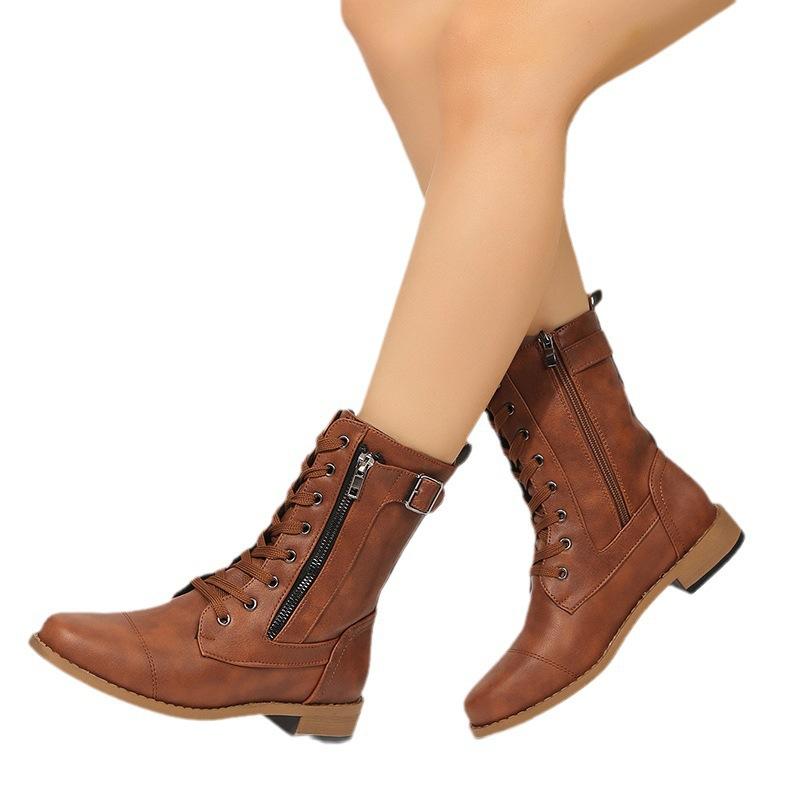 Fashion Large-sized British-style European and American Women's Boots 2025 Autumn/winter New Flat Low-heeled Mid-calf Boots