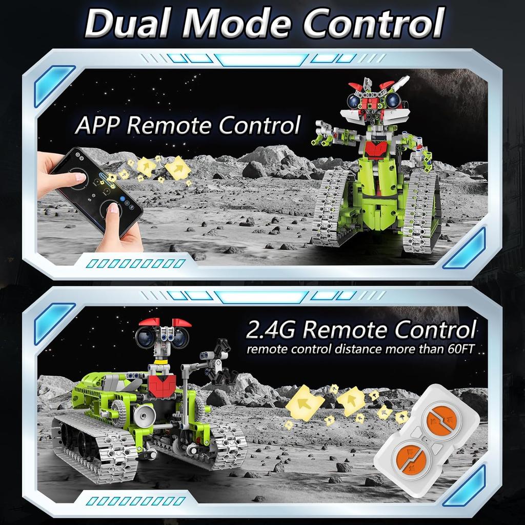 Набор для сборки робота 5-в-1 для детей, Образовательный набор строительных блоков STEM, Робот-конструктор/Гусеничный гонщик/Танк/Бульдозер с управлением с пульта и через приложение,