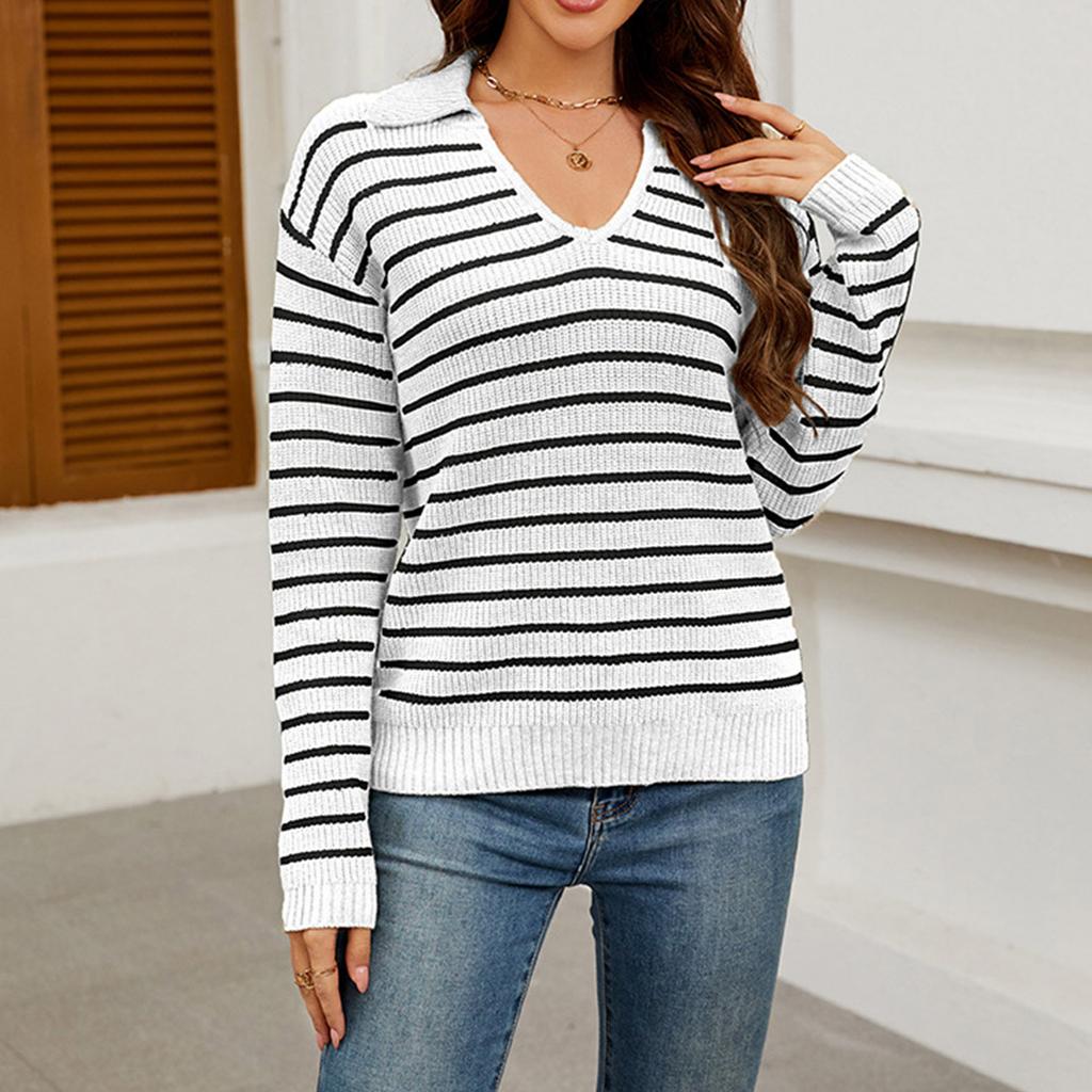 Женский полосатый свитер, повседневный, свободный, с длинным рукавом, вязаный снизу свитер