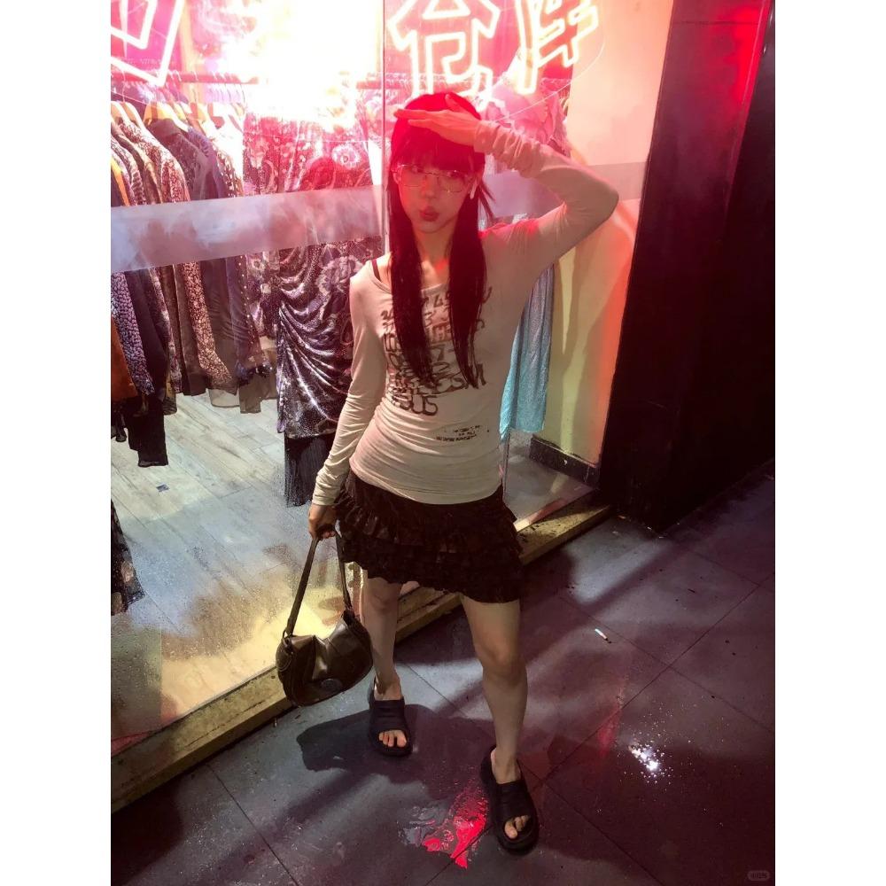 Японская футболка с принтом букв Y2k, дрянной стиль 2000-х, топы с длинным рукавом, винтажная уличная одежда в стиле Харадзюку, американское ретро