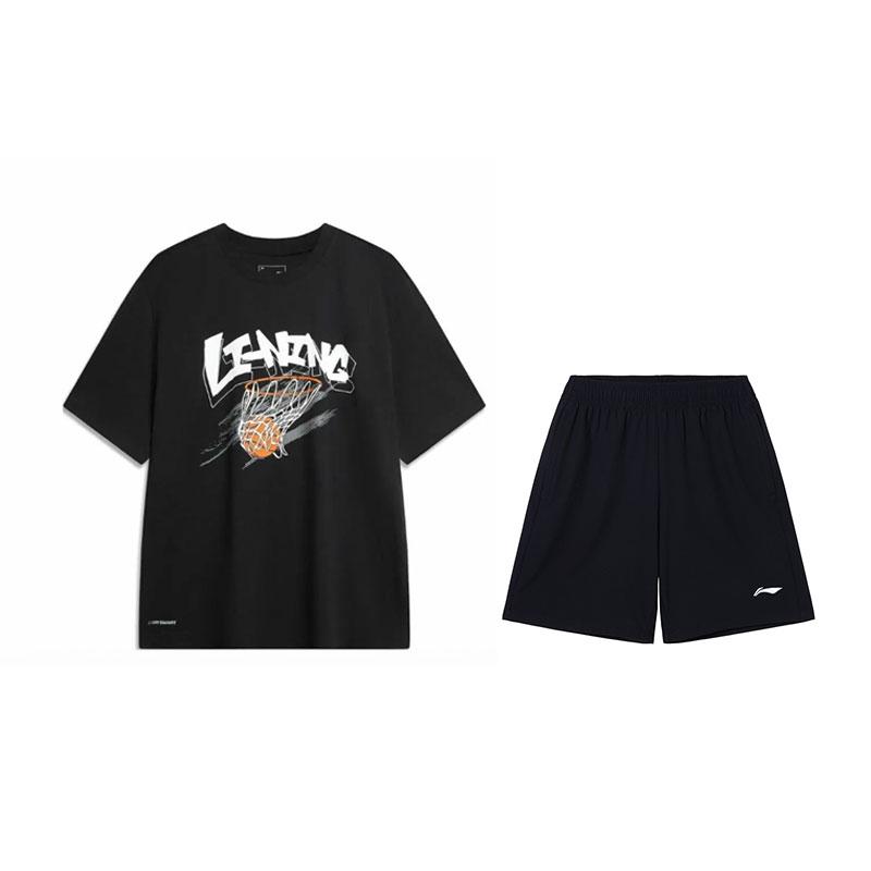 Li-Ning Универсальный модный дышащий короткий рукав удобные шорты повседневный спортивный костюм мужской костюм черный U671-1+W685-1