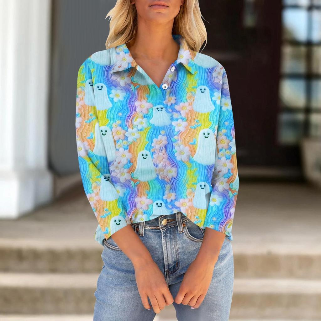 Women's Seven Quarter Sleeved T-shirt V-neck Button Up Shirt With Printed Loose Top For Halloween