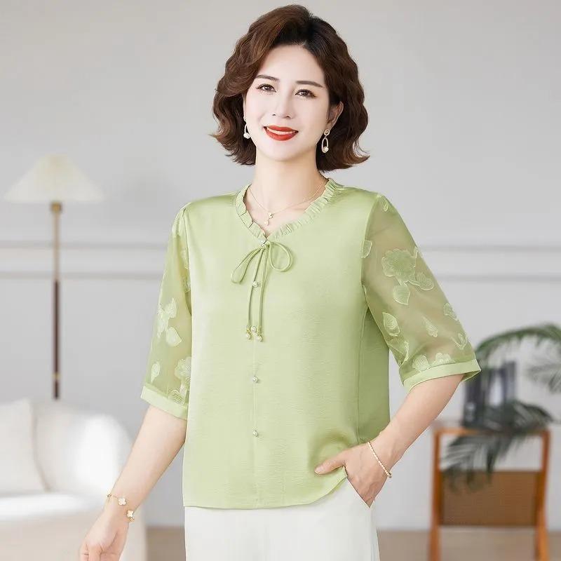 Women Chinese Style Tie V Neck Half Sleeve Chiffon Blouse