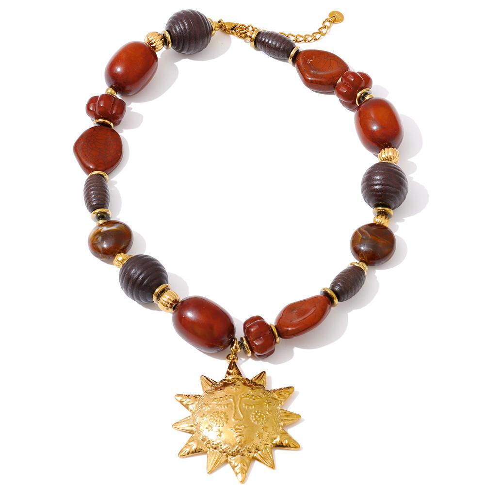 Yhpup Acrylic Wood Beads Chain Sun Pendant Necklace Waterproof Stainless Steel Handmade Distinctive Jewelry Waterproof Recommend